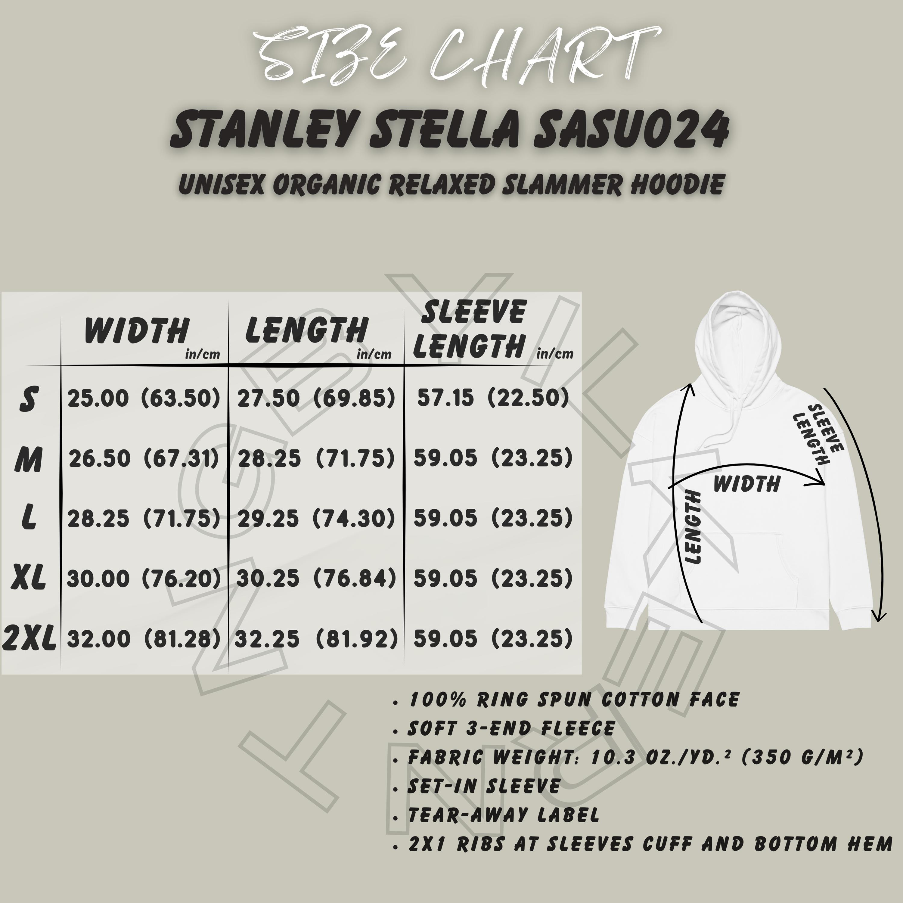 Hoodie Size Chart, Stanley Stella SASU024 Size Chart, Unisex