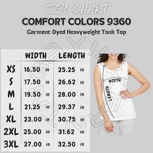 Comfort Colors 9360 Size Chart | Size Chart for Unisex Garment-Dyed Tank Top | Comfort Colors 9360 Mockup size chart | T-shirt size chart