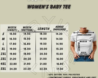 Tabla de tallas de camisetas I Tabla de tallas de camisetas de bebé para mujer I Maqueta de camiseta de bebé para mujer I Producto Pirintify Marca genérica JT1374B Tabla de tallas I Tallas de camisetas