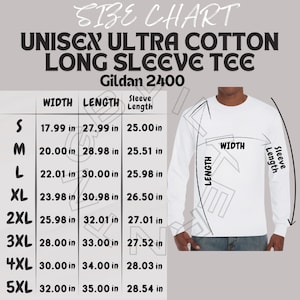 Long Sleeve Tee Size Chart I Gildan 2400 Size Chart | Size Chart | Tee Size Chart | Unisex Ultra Cotton Long Sleeve Tee Chart I Gildan 2400
