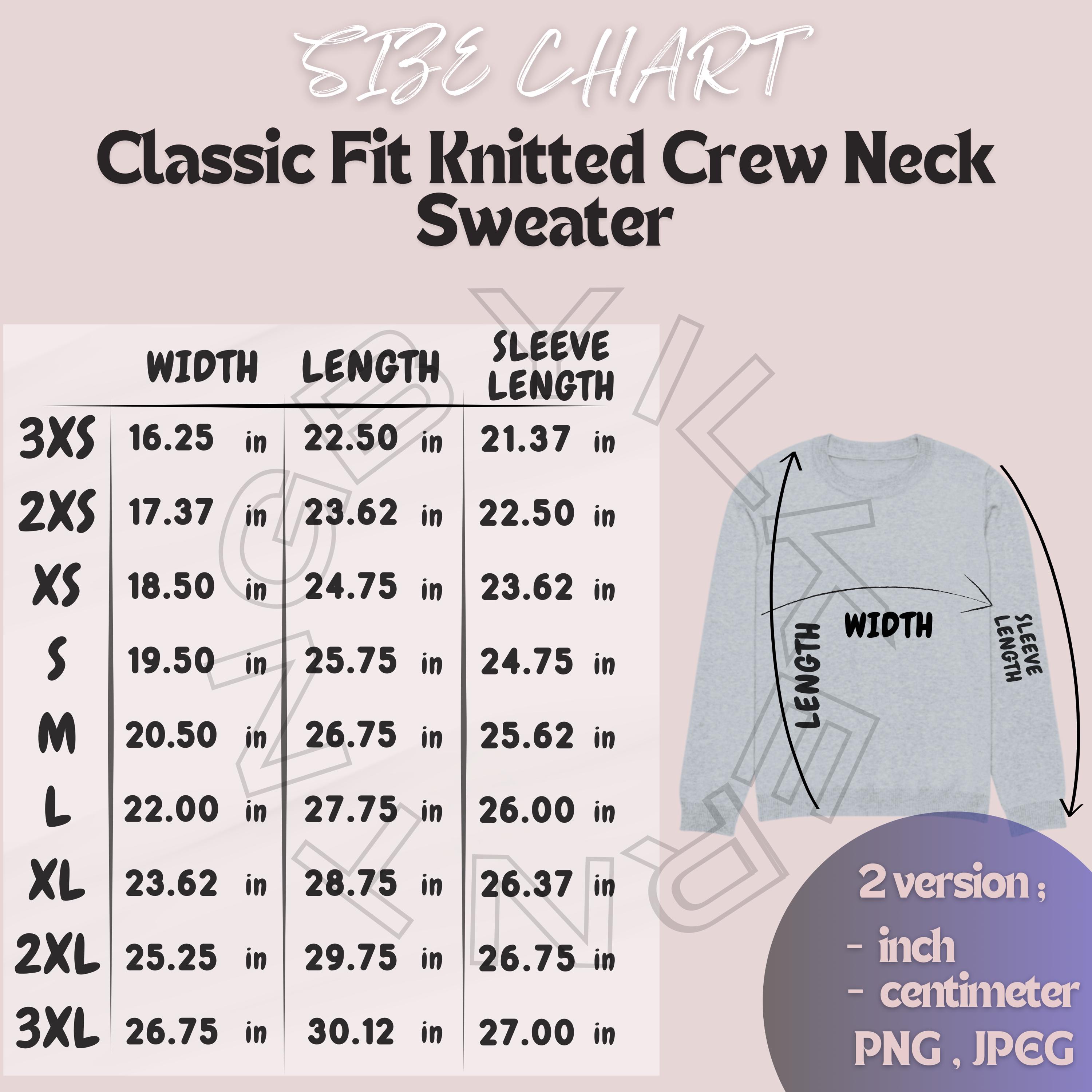 Sweater Size Chart I Classic Fit Knitted Crew Neck Sweater Size