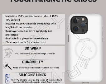 May include: A white phone case with a clear, open port for connectivity. The case is made of durable and impact resistant materials. It has a 3D wrap with full ink density and a silicone liner. The case is compatible with MagSafe accessories.