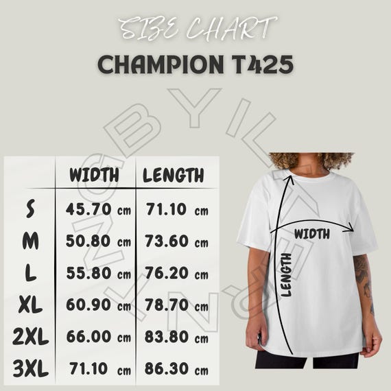 Champion T-Shirt Size Chart | Size Chart for Champion T-Shirt | Champion T425 Mockup Size Chart | mperial and metric | T-Shirt Sizing