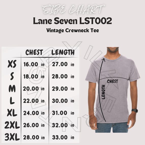 T-shirt Size Chart I Lane Seven LST002 Size Chart | Size Chart