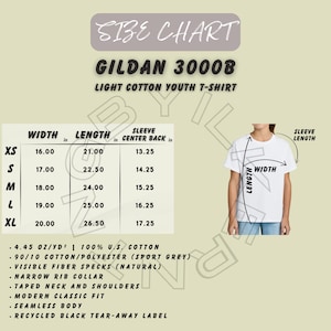 Könnte beinhalten: Ein weißes Gildan 3000B Jugend-T-Shirt mit Größentabelle. Die Tabelle zeigt Maße in Zoll für Breite, Länge und Ärmelmitte hinten für die Größen XS bis XL. Das Shirt besteht aus 100 % US-Baumwolle.