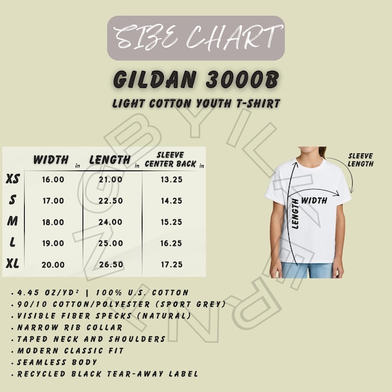 T-shirt Size Chart | Gildan 3000B Size Chart | Youth Tee Size