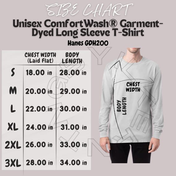 T-shirt Size Chart I Hanes GDH200 Size Chart I Unisex Comfortwash