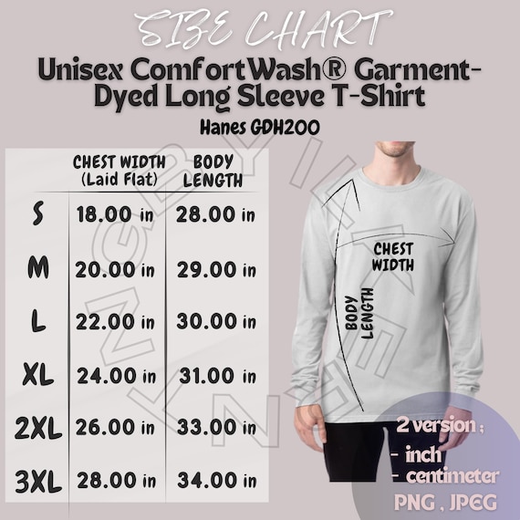 T-shirt Size Chart I Hanes GDH200 Size Chart I Unisex Comfortwash