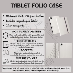 Könnte beinhalten: Weiße Tablet-Folio-Hülle mit magnetischem Stifthalter. Die Hülle ist aus 100% PU-Kunstleder gefertigt und verfügt über fünf Innentaschen. Die Hülle ist kompatibel mit iPad Pro 11 und iPad Pro 12.9.