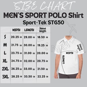 Puede incluir: Tabla de tallas para una camiseta polo deportiva para hombre, que muestra las medidas de ancho, largo y largo de manga en pulgadas para las tallas S, M, L, XL, 2XL y 3XL. La tabla está etiquetada como "Sport-Tek ST650".