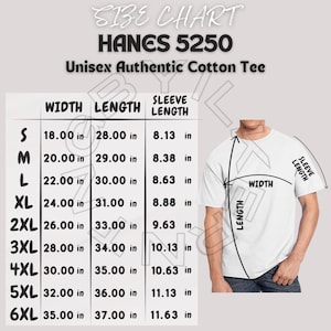 Hanes 5250 Size Chart | Size Chart for Authentic Cotton Tee | Hanes 5250 Mockup and size Chart | T-shirt size Chart | Imperial and metric