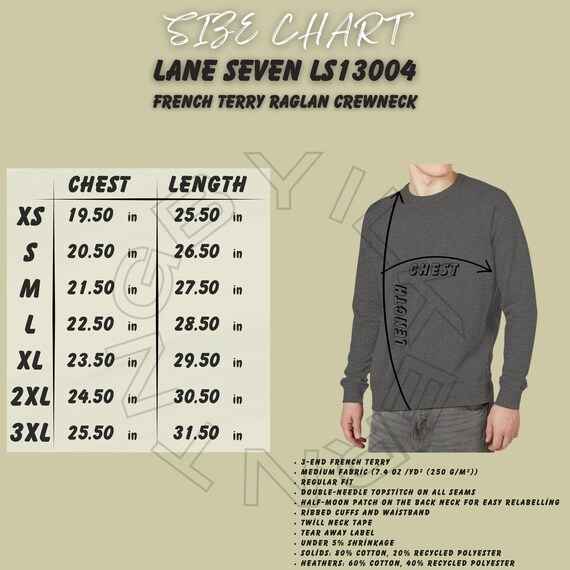 French Terry Raglan Crewneck Sweatshirt Size Chart | Lane Seven
