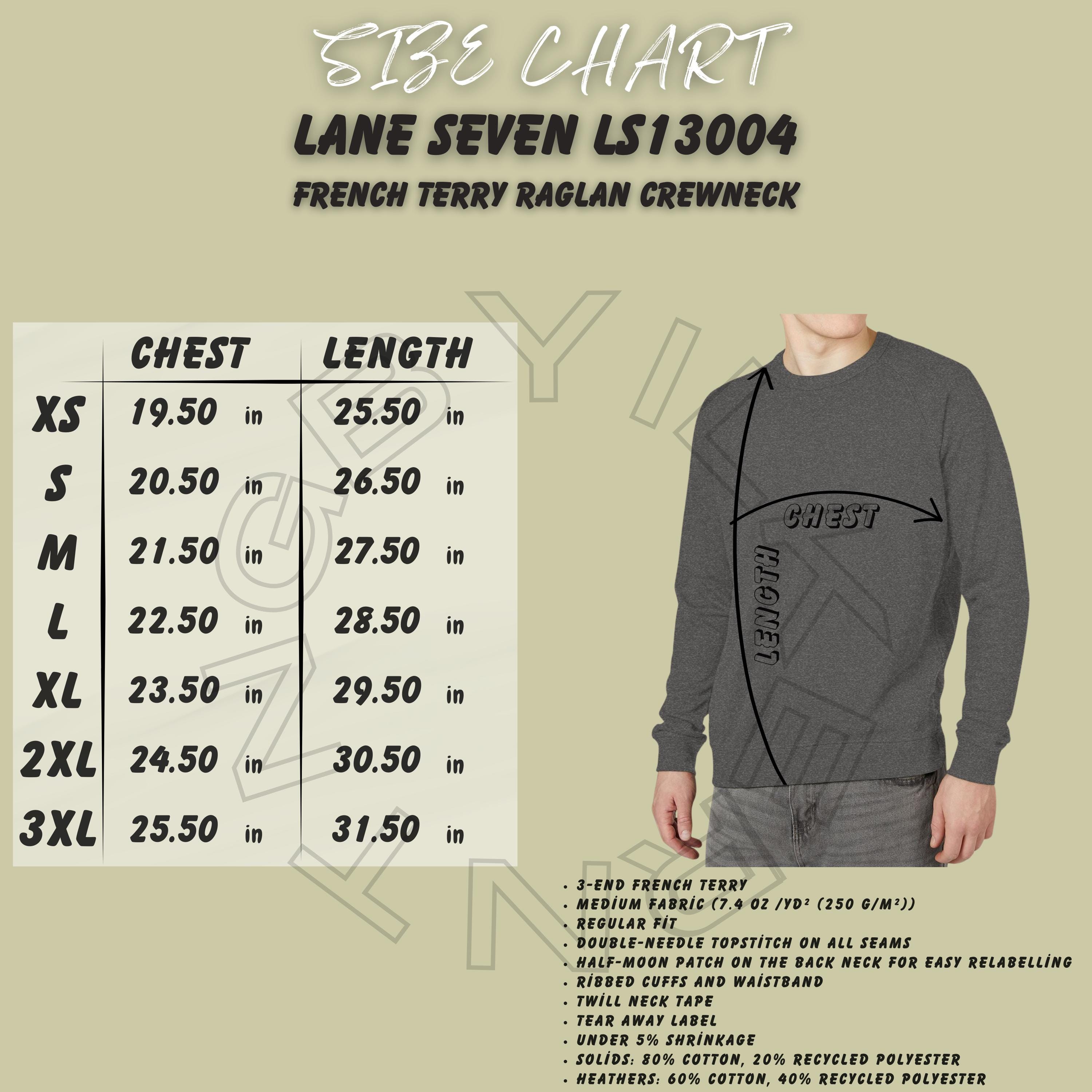 French Terry Raglan Crewneck Sweatshirt Size Chart | Lane Seven