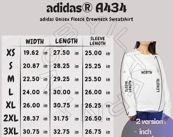 adidas A434 Size Chart Size Chart for adidas Unisex Fleece Crewneck  Sweatshirt adidas A434 Mockup adidas A434 Sweatshirt Size Guide