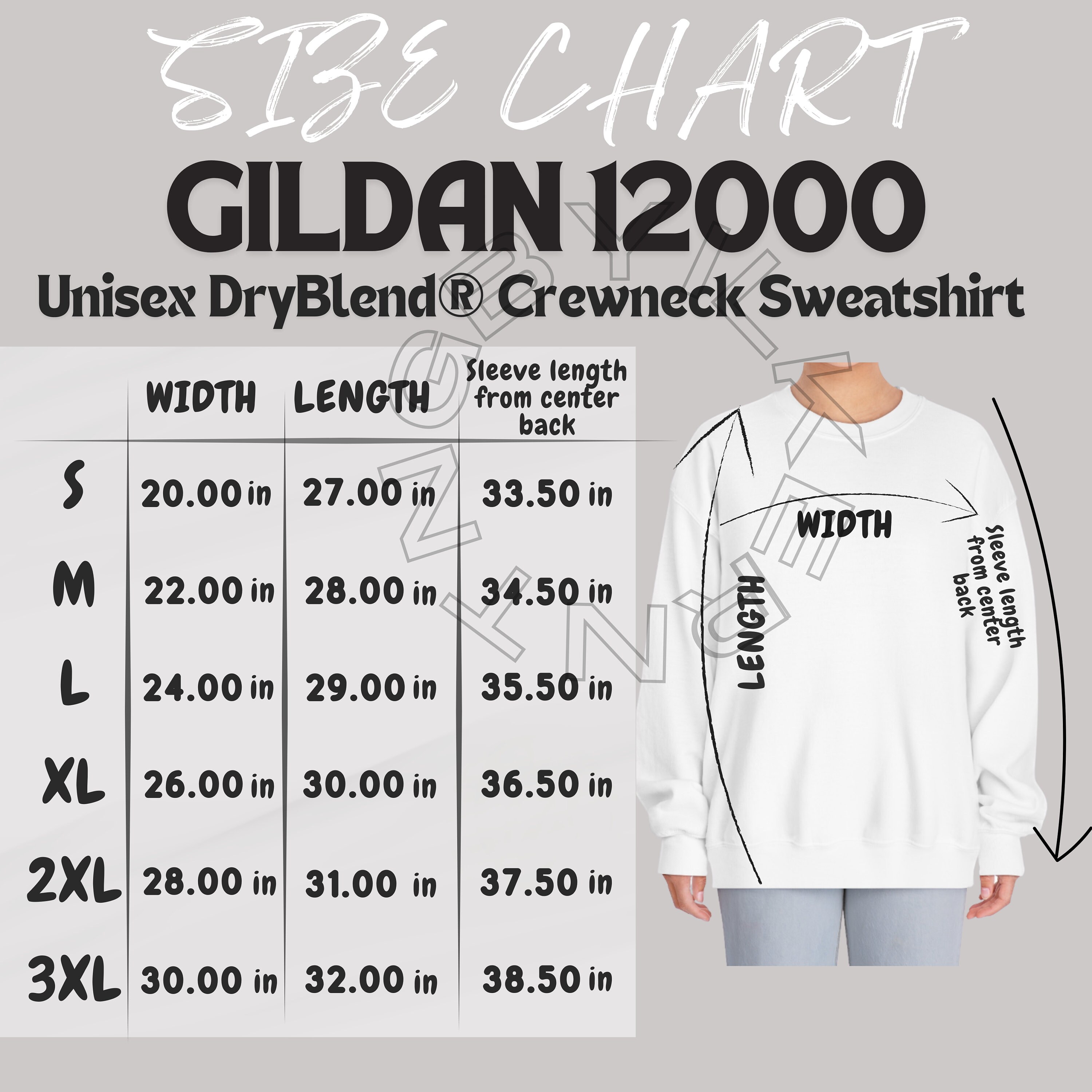 Gildan 12000 Size Chart | Size Chart for Unisex Dryblend Crewneck