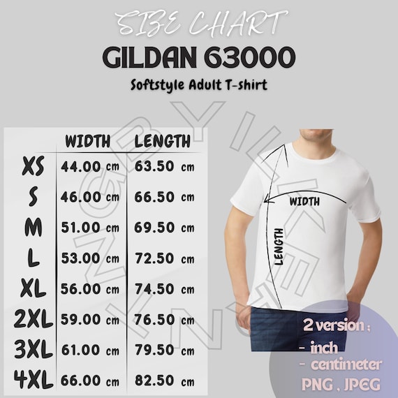 T-shirt Size Chart, Gildan 63000 Size Chart, Unisex Softstyle
