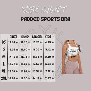 Sports Bra Size Chart I All-Over Print Padded Sports Bra Mockup and size chart I Padded Sports Bra Size Chart I Size Chart I Printful chart