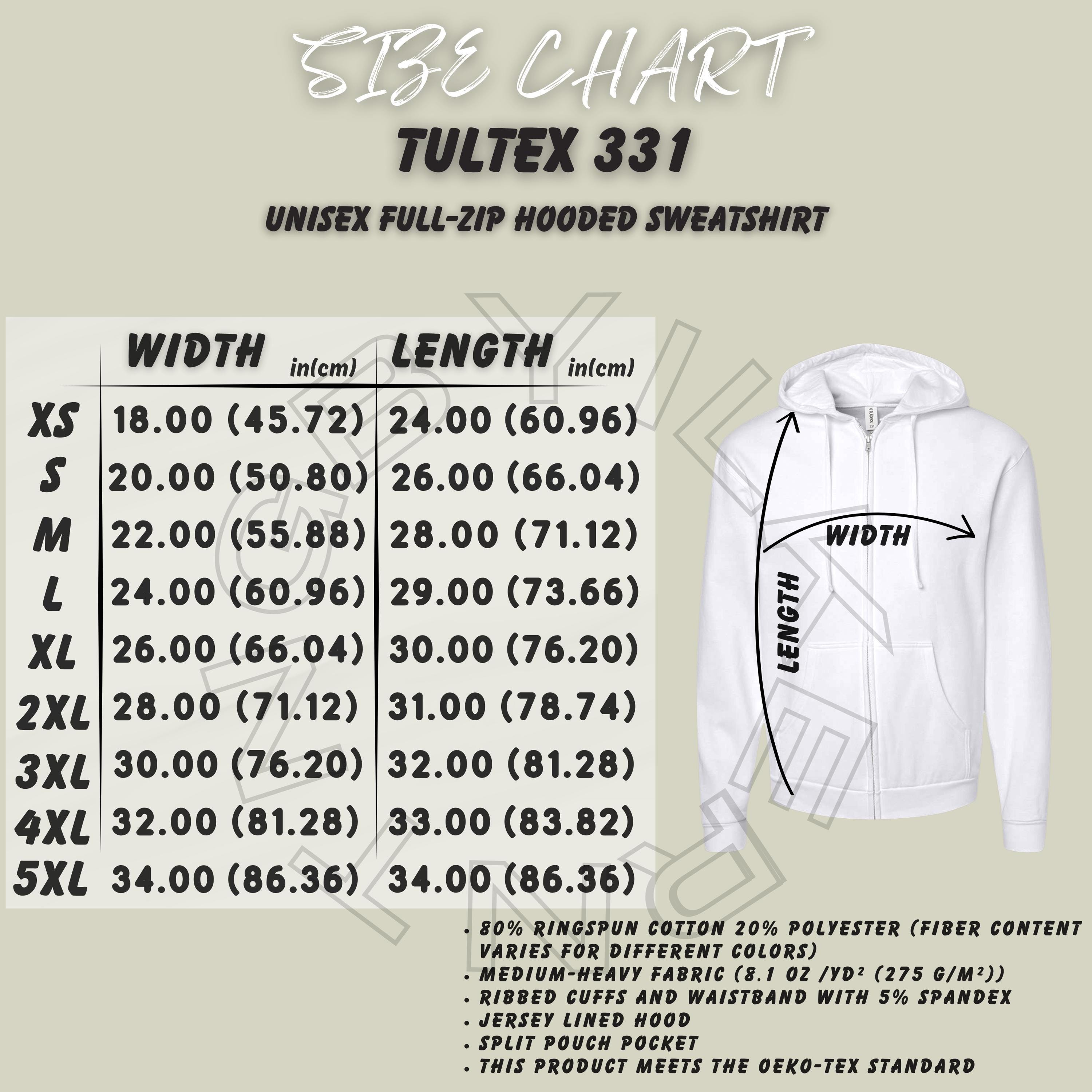 Tultex 331 Size Chart | Size Chart for Unisex Full-zip Hooded