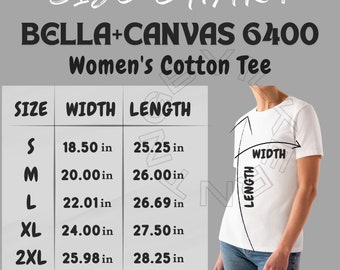 Bella Canvas 6400 Größentabelle | Größentabelle für Damen-Baumwoll-T-Shirt | Bella Canvas 6400 Mockup Größentabelle | T-Shirt Dimensionierung | Grafik ausdrucken