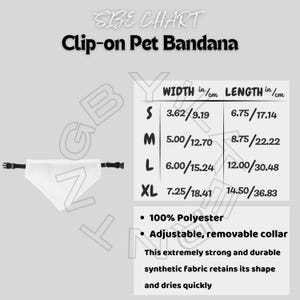 May include: Size chart for a clip-on pet bandana, showing width and length measurements in inches and centimeters for sizes small, medium, large, and extra large. The bandana is made of 100% polyester and has an adjustable, removable collar.