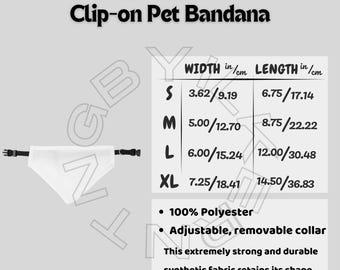 Pet Bandana Size Chart I Clip-on Pet Bandana Size Chart | Size Chart | Clip on Pet Bandana Mockup I Printify chart I Bandana Sizing