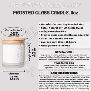 May include: A frosted glass candle jar with a wooden lid and a white label. The candle is 11 ounces and has a burn time of 50 hours. The candle is made with coconut soy blended wax, natural off-white color, and a unique wooden wick. The candle is hand-poured in the USA.