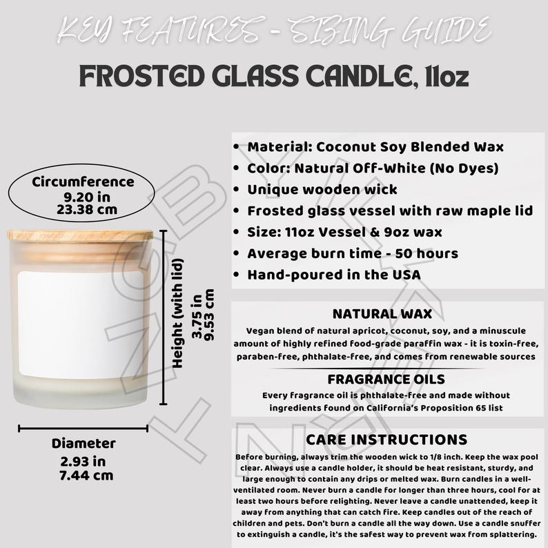 May include: A frosted glass candle jar with a wooden lid and a white label. The candle is 11 ounces and has a burn time of 50 hours. The candle is made with coconut soy blended wax, natural off-white color, and a unique wooden wick. The candle is hand-poured in the USA.