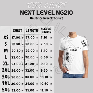 Next Level N6210 サイズ表 | ユニセックス クルーネック T シャツのサイズ表 | Next Level N6210 T シャツのモックアップとサイズ表 | T シャツのサイズ表