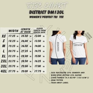 May include: A white District DM130L Women's Perfect Tri Tee size chart. The chart shows measurements for width, length at back, and sleeve length from center back in inches for sizes XS to 4XL. The tee is made of a light fabric.