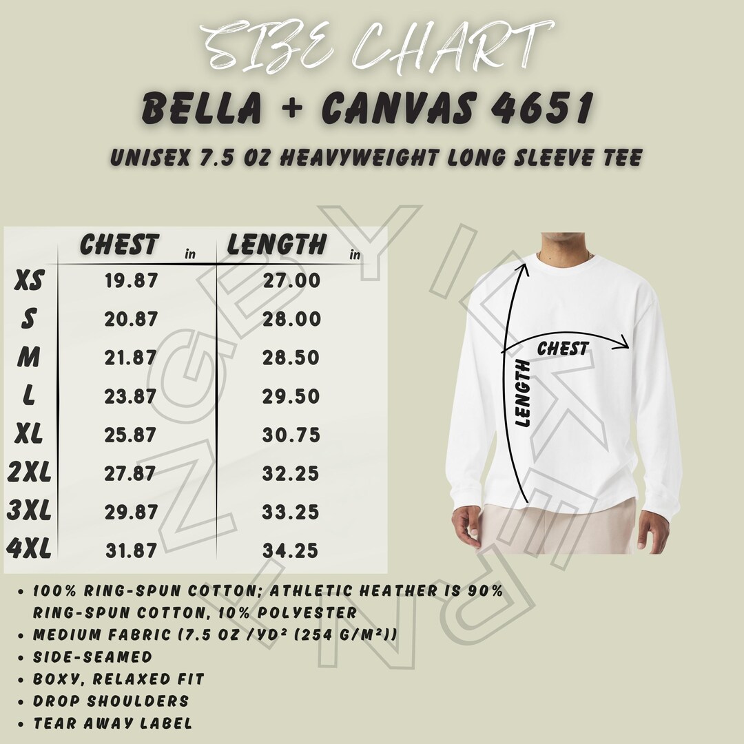 Bella Canvas 4651 Size Chart | Unisex Heavyweight Long Sleeve Tee Size ...