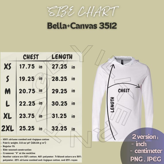 Hoodie Size Chart I Bella Canvas 3512 Size Chart I Unisex Long