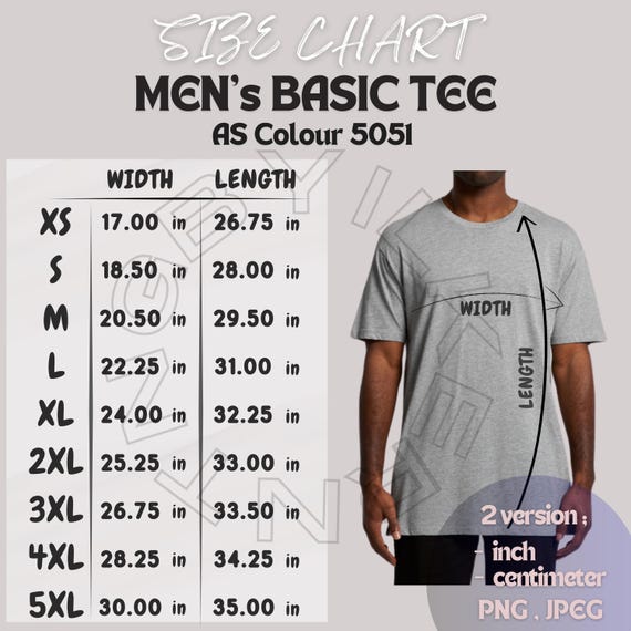 Tee Size Chart I Men's Basic Tee Size Chart I AS Colour 5051 Size