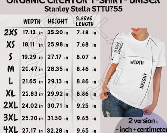 Tabla de tallas de camisetas I Tabla de tallas Stanley Stella STTU755 / Tabla de tallas / Maqueta y tabla de tallas de camisetas unisex Organic Creator I Tabla de Printify