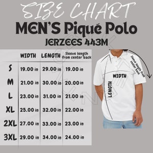 May include: Size chart for a men's pique polo shirt. The chart shows the width, length, and sleeve length in inches for sizes S through 3XL.