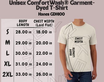 T-Shirt Size Chart I Hanes GDH100 Size Chart | Size Chart | Unisex ComfortWash Garment-Dyed T-Shirt Chart I Hanes GDH100 mockup and size
