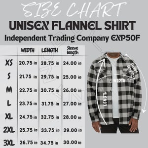 May include: Size chart for a unisex flannel shirt. The chart shows measurements in inches for width, length, and sleeve length for sizes XS to 3XL. The chart is accompanied by a photo of a person wearing a black and white plaid flannel shirt.
