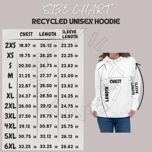 Hoodie Size Chart I All-Over Print Recycled Unisex Hoodie Size Chart I Recycled Unisex Hoodie mockup and Size Chart I  Printful chart