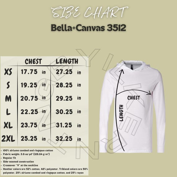 Hoodie Size Chart I Bella Canvas 3512 Size Chart I Unisex Long