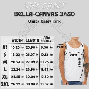 Bella Canvas 3480 Size Chart |  Unisex Jersey Tank Size Chart | Bella Canvas 3480 Tank Mockup and size chart | Tank size chart | Printify