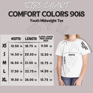 Comfort Colors 9018 Size Chart | Size Chart for Youth Midweight Tee | Comfort Colors 9018 Mockup and size chart | Youth Tee Size Chart