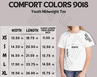 Comfort Colors 9018 Size Chart | Size Chart for Youth Midweight Tee | Comfort Colors 9018 Mockup and size chart | Youth Tee Size Chart