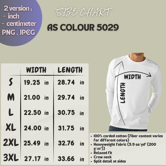T-shirt Size Chart I AS Colour 5029 Size Chart I Size Chart I