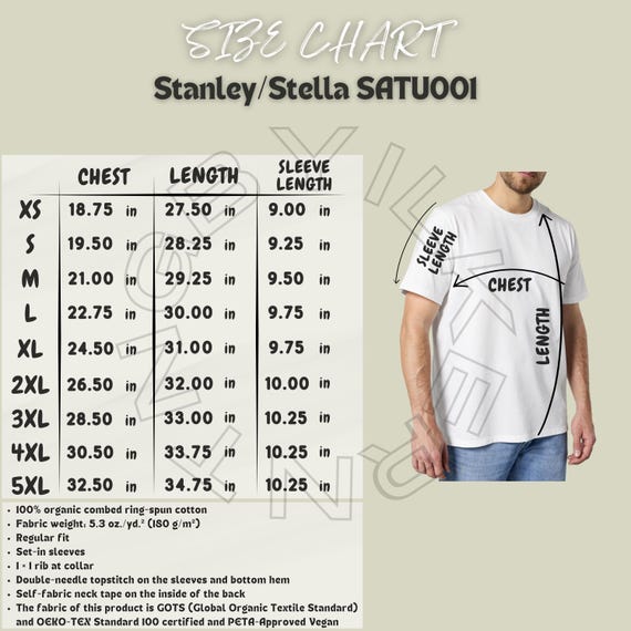 T-shirt Size Chart I Stanley Stella SATU001 Size Chart | Unisex