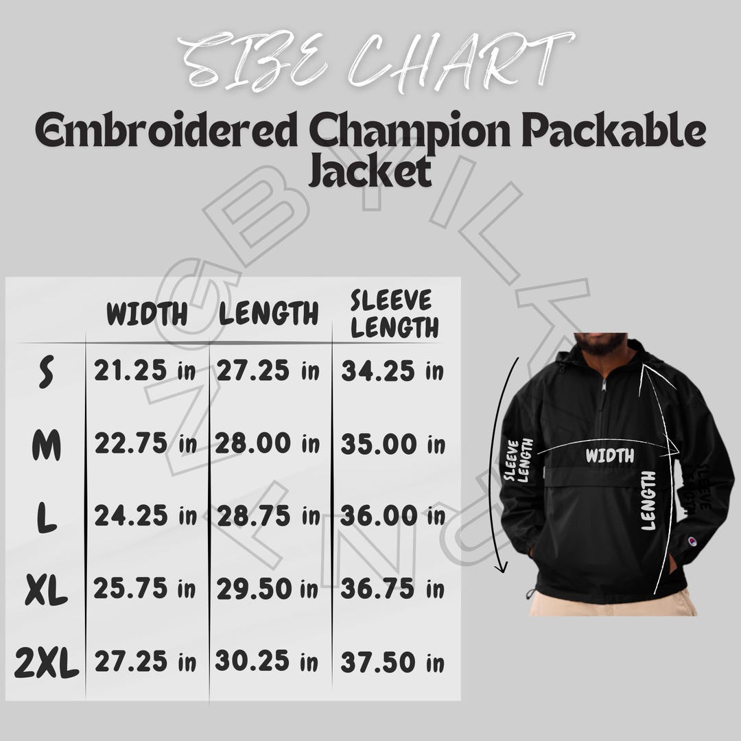 Jacket Size Chart Size Chart for Embroidered Champion Packable
