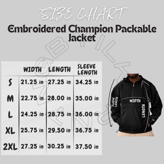 Jacket Size Chart | Size Chart for Embroidered Champion Packable
