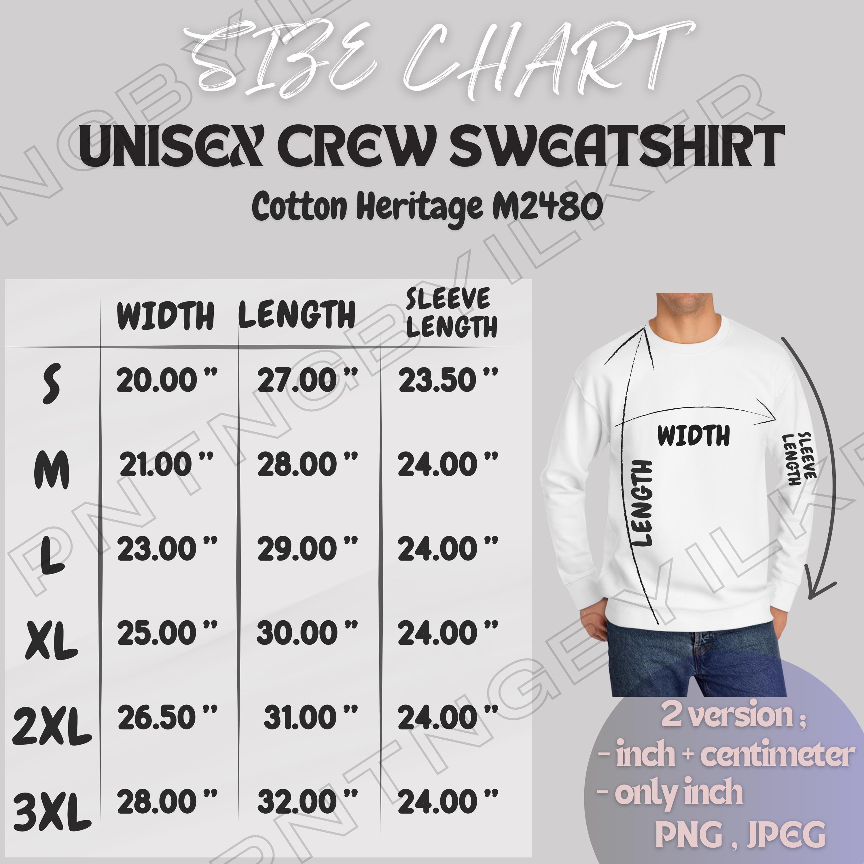 Unisex Crew Sweatshirt Size Chart | Size Chart for Cotton Heritage