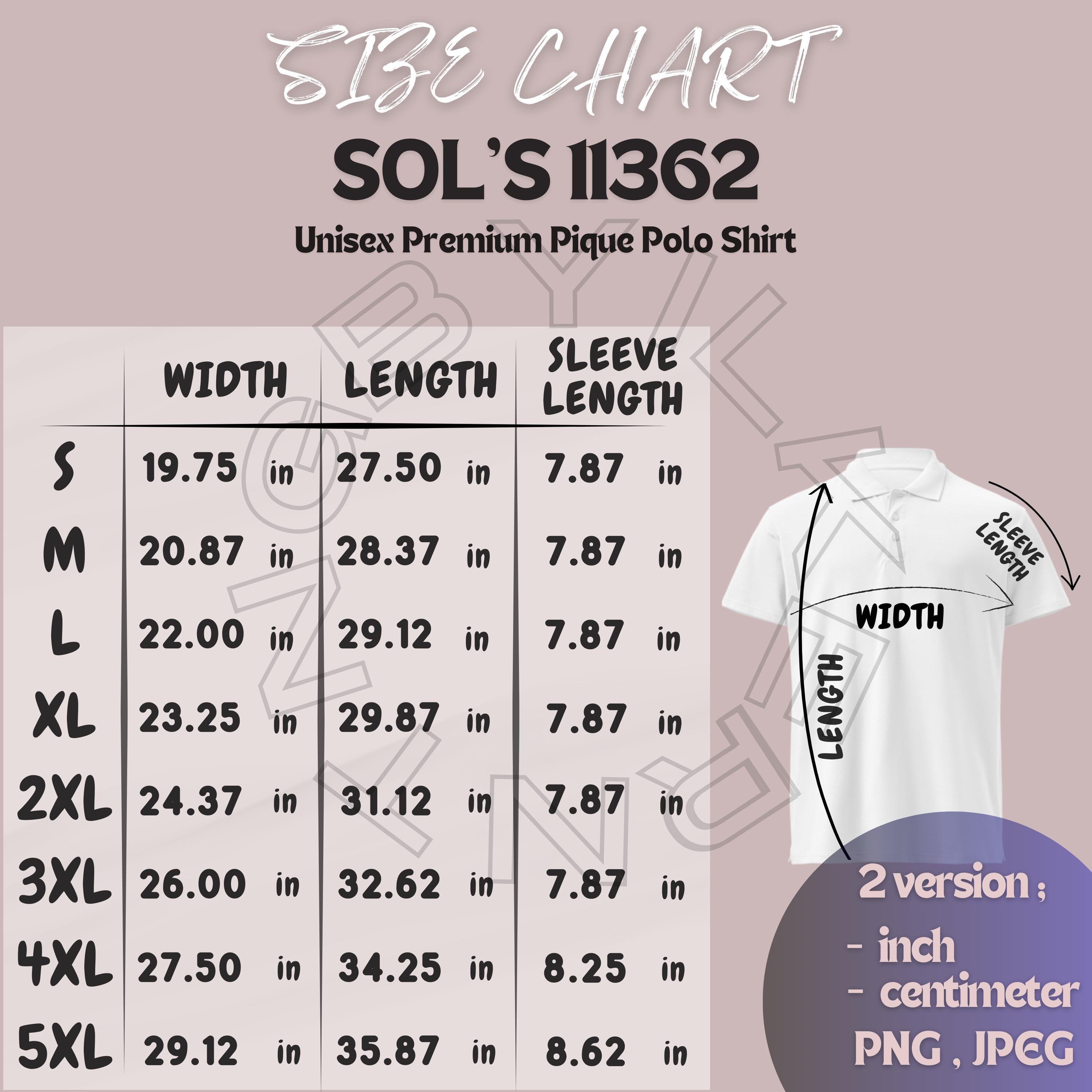 SOL'S 11362 Size Chart | Size Chart for Unisex Premium Pique Polo