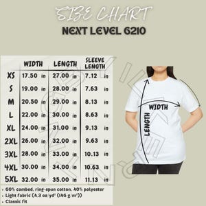 ユニセックス CVC ジャージー T シャツ サイズ表 | ユニセックス CVC ジャージー T シャツのサイズ表 | Next Level 6210 モックアップとサイズ表 | T シャツのサイズ