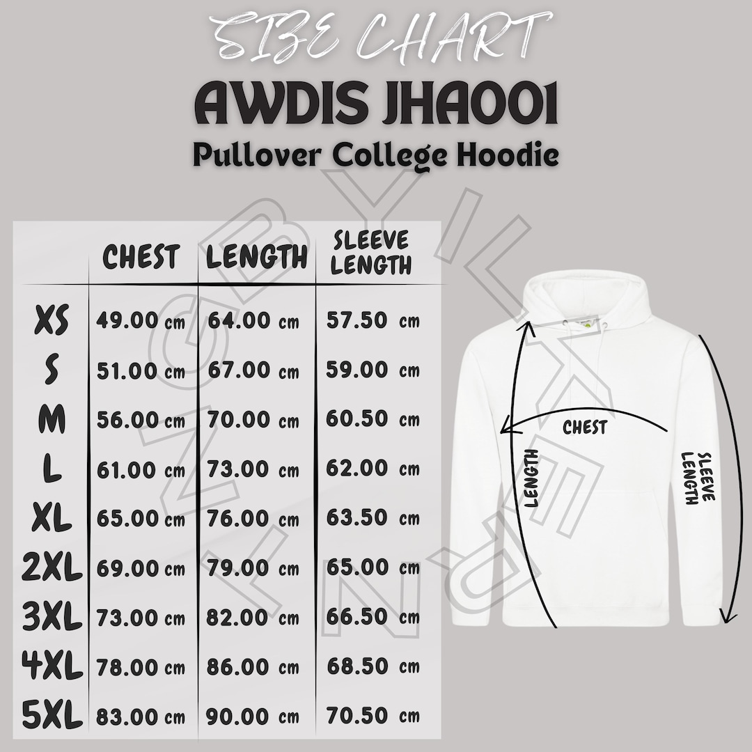 パーカー サイズ表 I Just Hoods Awdis JHA001 サイズ表