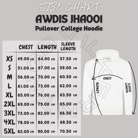 パーカー サイズ表 I Just Hoods Awdis JHA001 サイズ表 | サイズ表